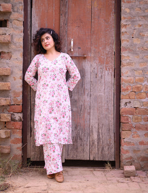 White Floral Kurta With Pant