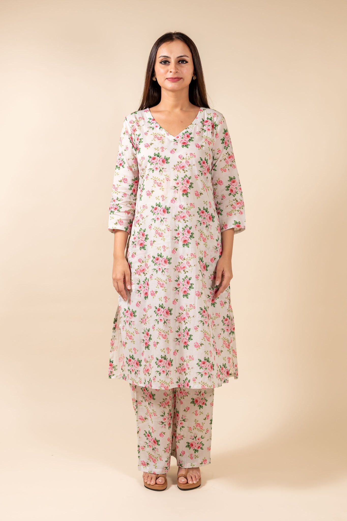 White Floral Kurta With Pant