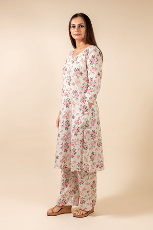 White Floral Kurta With Pant