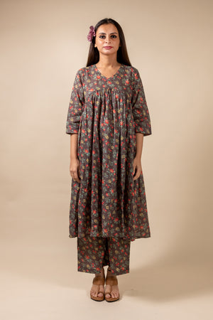 Brown Floral Kurta With Pant