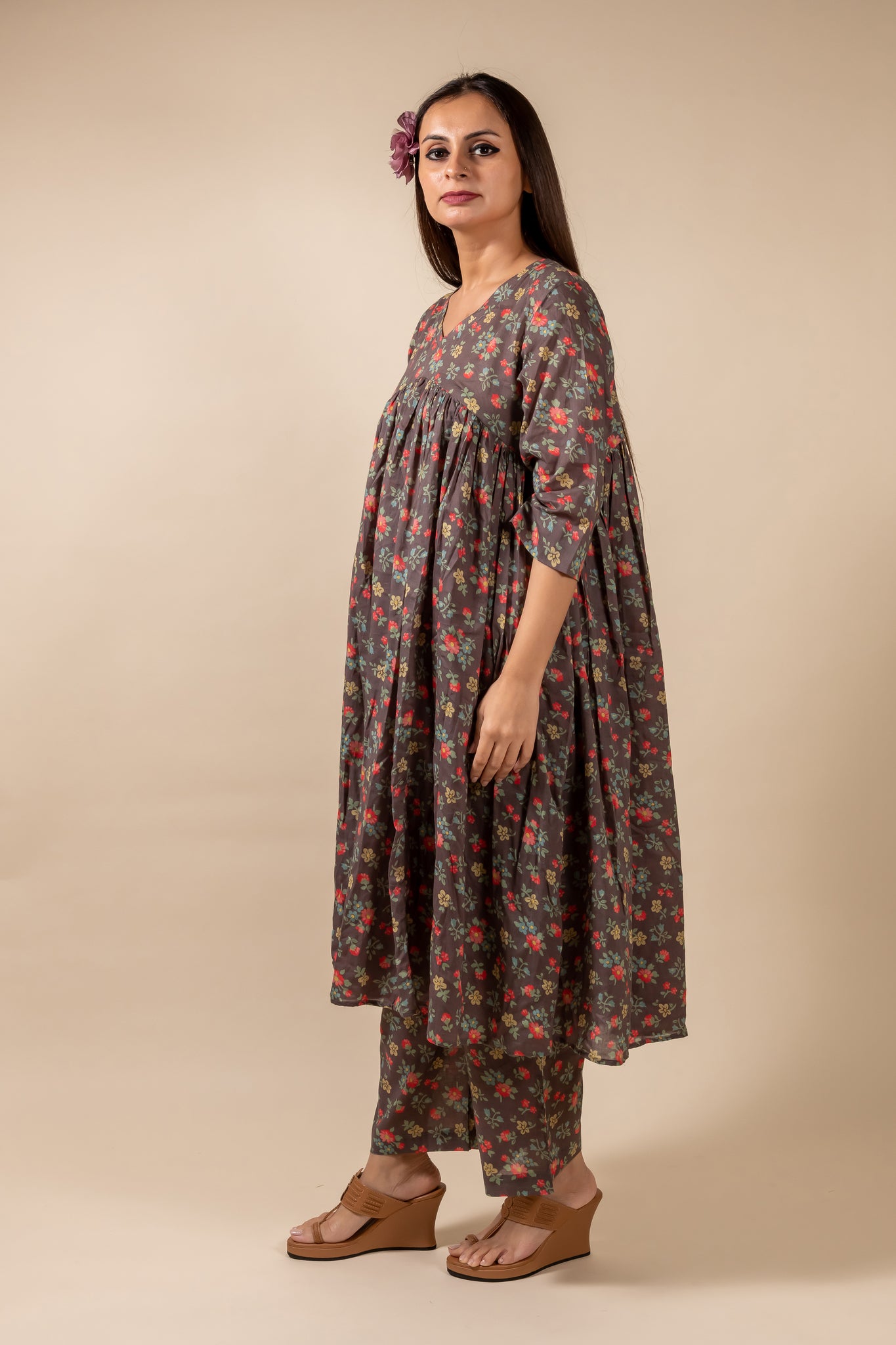 Brown Floral Kurta With Pant