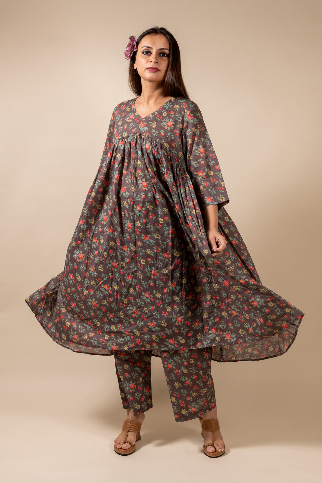 Brown Floral Kurta With Pant